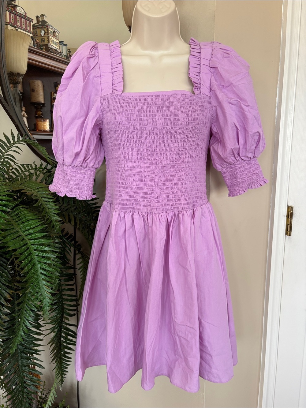 1. State Lilac Purple Smocked Bodice Mini Dress Puff Sleeves Ruffle 100% Cotton